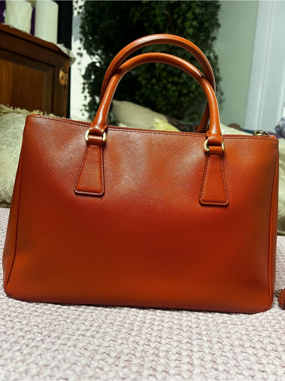 Prada Saffiano Lux Double Zip Orange Leather Tote Shoulder Bag COA